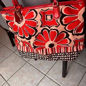 Coach Red and Black Floral Tote Bag